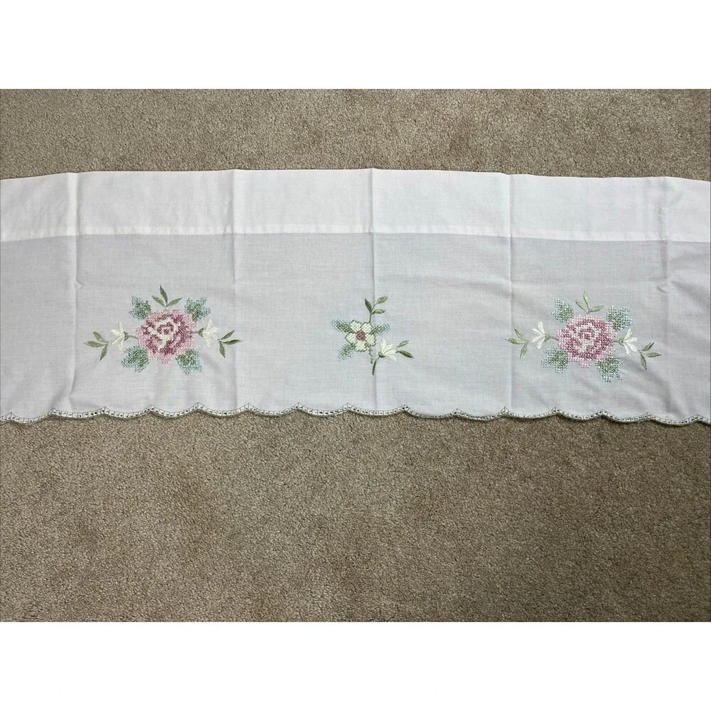 3pc Set VTG Window Valance Swag Panels Ivory Embroidered‎ Floral Eyelet